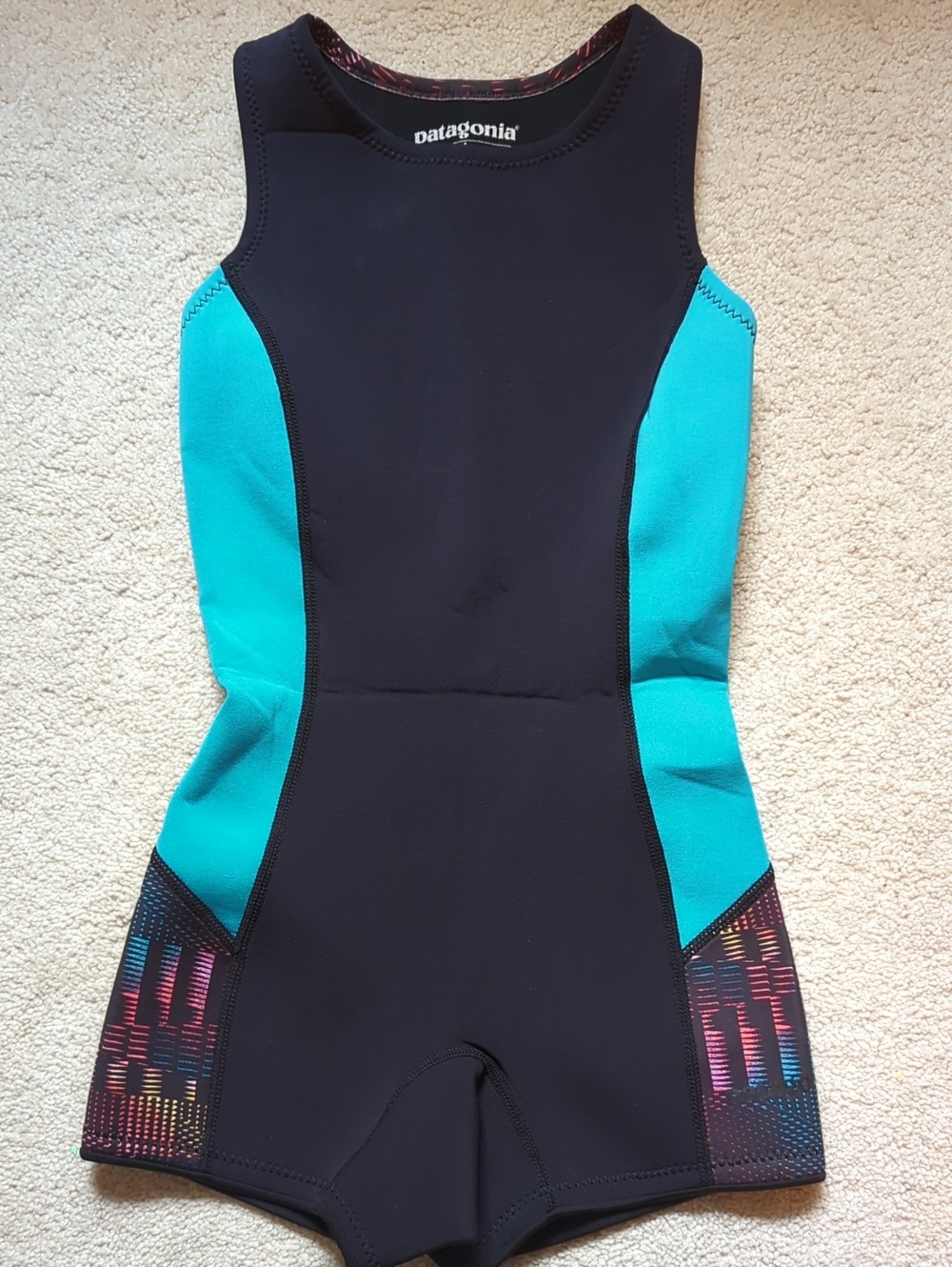 Patagonia Black and Teal Neoprene Shorty Wetsuit with Patterned Leg Panels